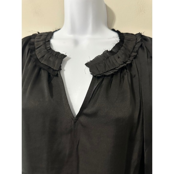 Vince Camuto Elegant Mix‎ Rich Black Ruffle V Neck Long Sleeve Blouse Top M - Picture 3 of 6
